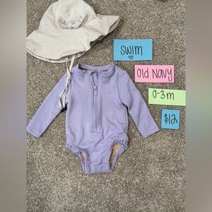 NWOT Infant Old Navy Lavender Swimsuit and Beige & White Swim Hat, 0-3M